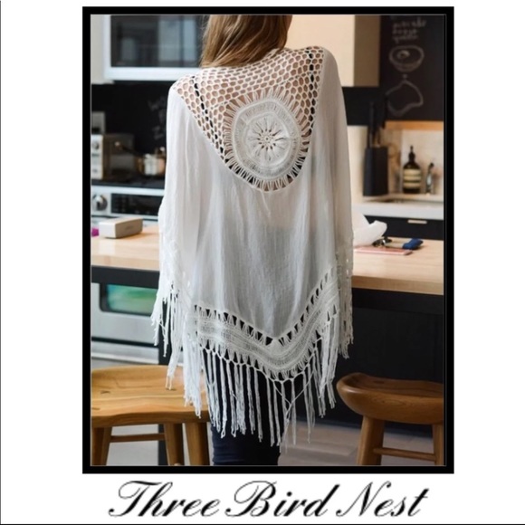 Three Bird Nest Accessories - Bohemian Crochet White Fringe Kimono